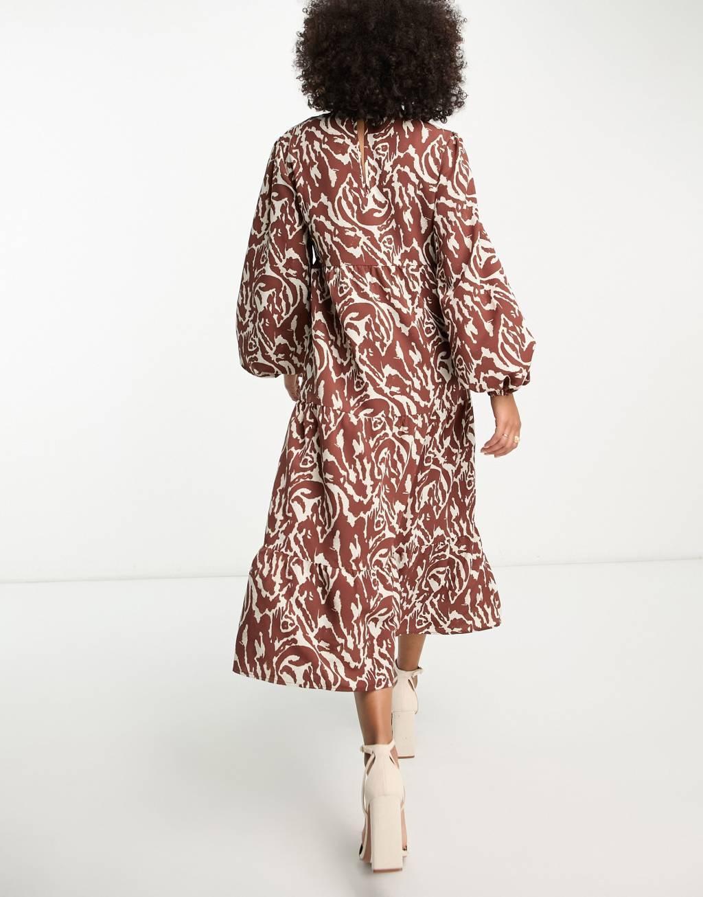 Pretty Lavish smock midaxi dress in brown abstract zebra print Product Image