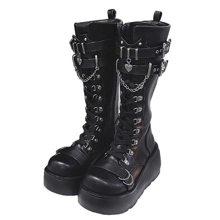 Faux Leather Wedge-Heel Buckled Tall Boots Product Image