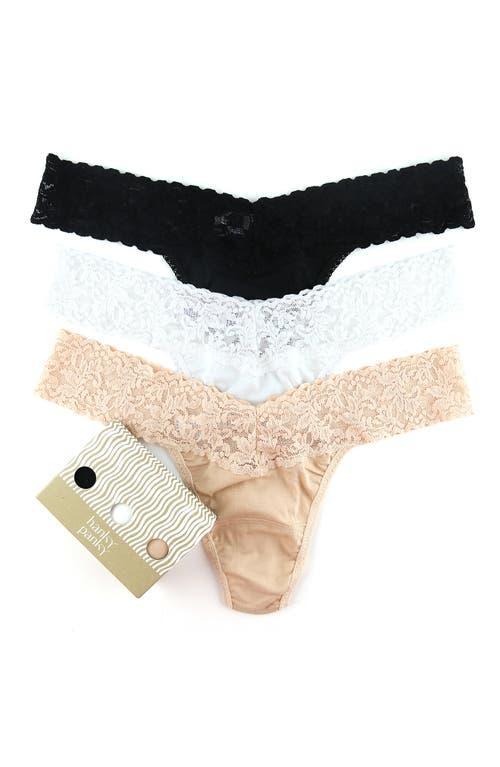 Hanky Panky Organic Cotton Low Rise Thong w/ Lace 3-Pack (Black/White/Chai) Women's Underwear Product Image