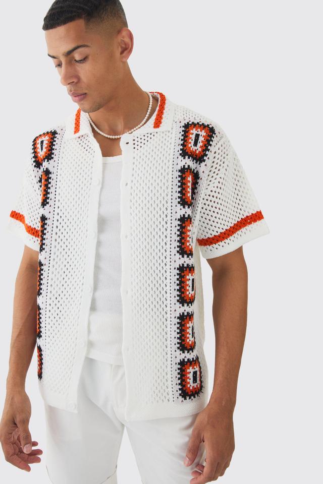 Oversized Boxy Crochet Placement Knit Shirt | boohooMAN USA Product Image