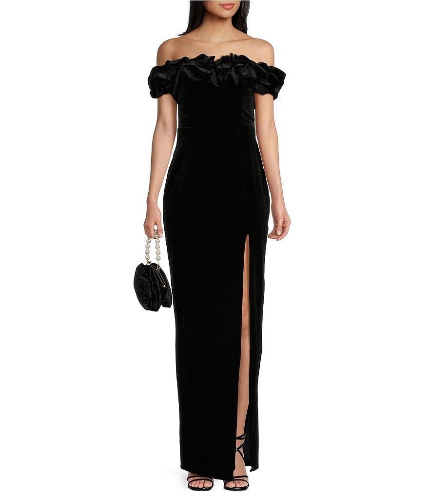 Pear Culture Ruffle Trim Strapless Velvet Long Dress Product Image