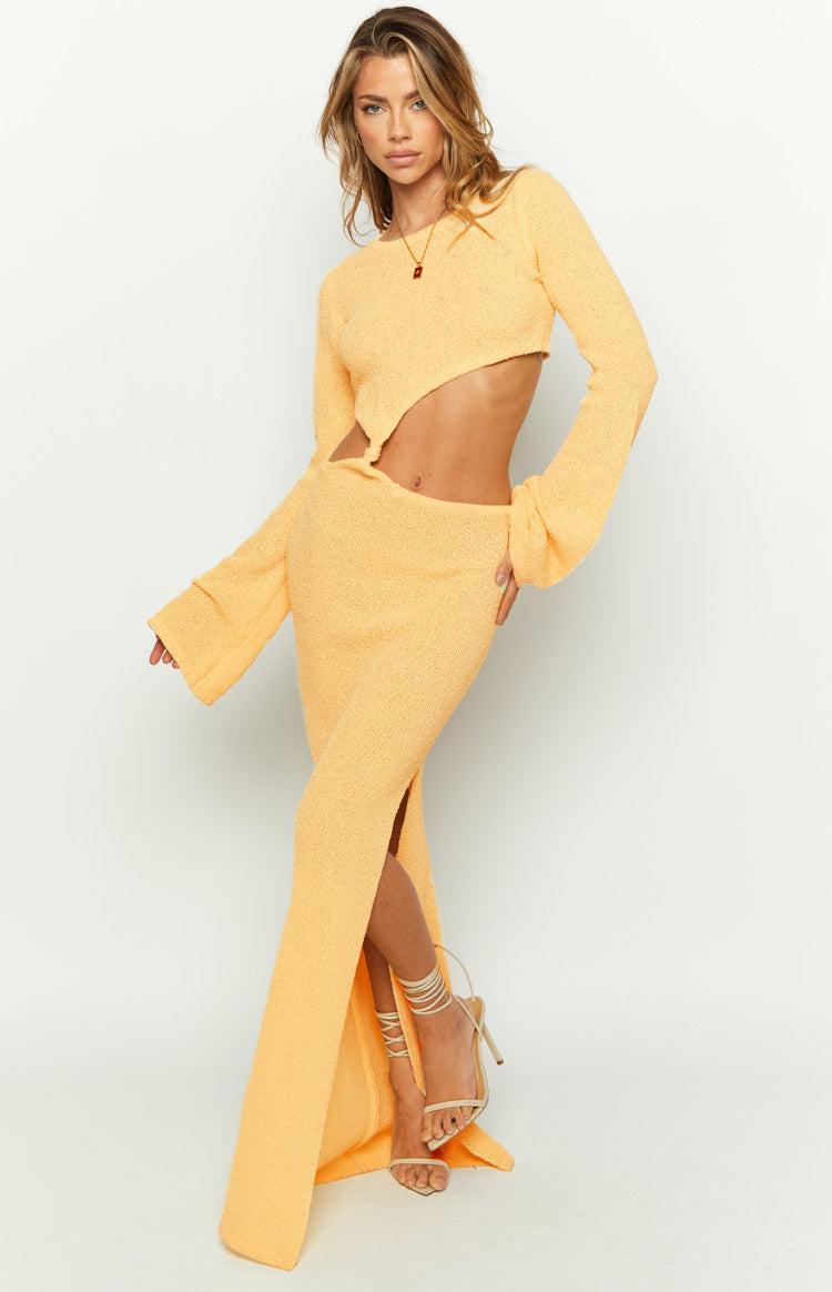 Arya Yellow Long Sleeve Knit Maxi Dress Product Image