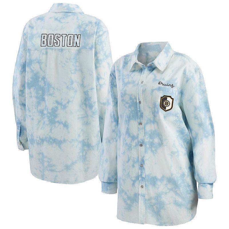 Womens WEAR by Erin Andrews White Boston Bruins Oversized Tie-Dye Button-Up Denim Shirt Product Image