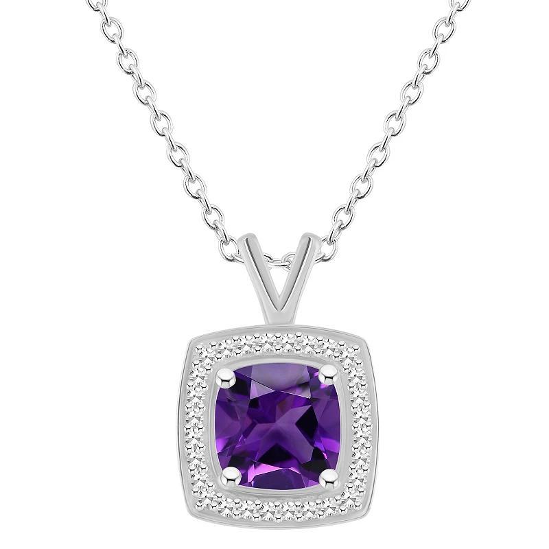 Celebration Gems Sterling Silver Cushion Gemstone & 1/8 Carat T.W. Diamond Halo Pendant Necklace, Womens Purple Product Image