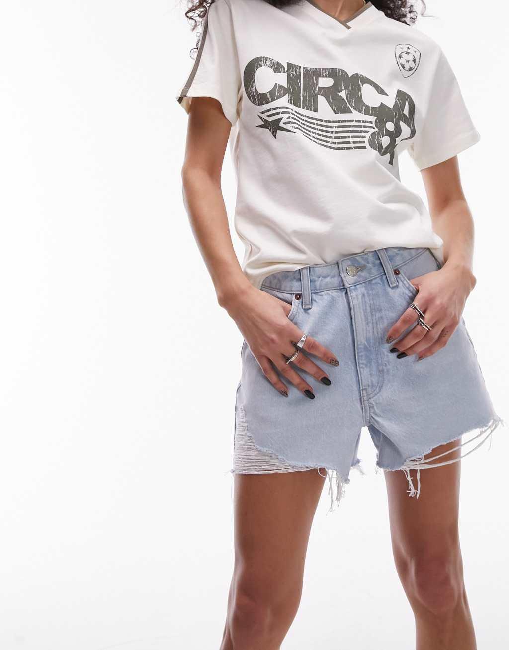 Topshop denim a-line Mom Shorts with rips in bleach product image