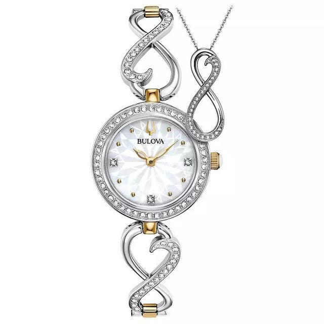 Bulova Womens Two Tone Stainless Steel Crystal Accent Watch and Crystal Infinity Necklace Box Set - 98X120 Gold Silver Product Image