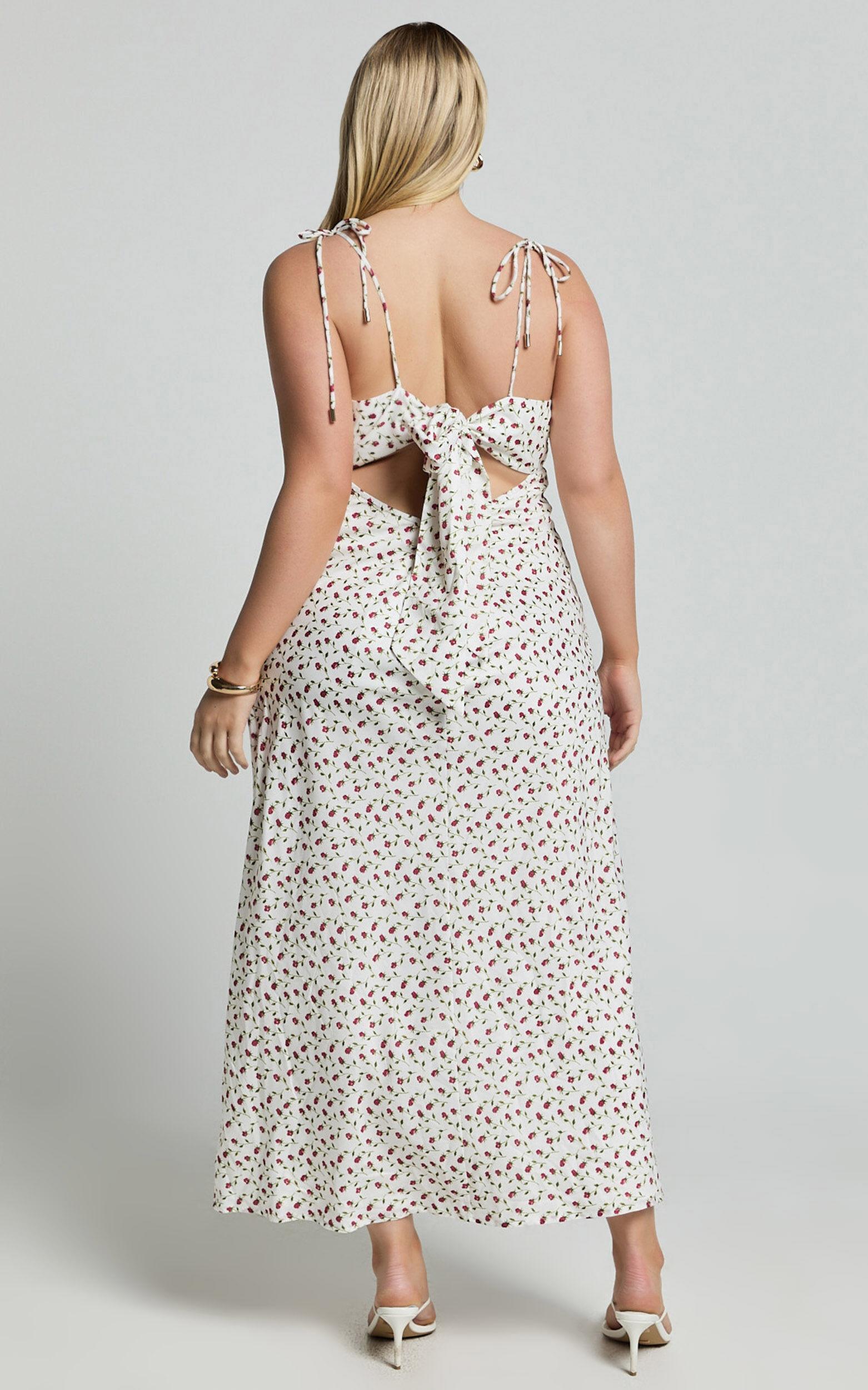 Elle Midi Dress - Ruched Bust Tie Strap Dress in White Floral Product Image