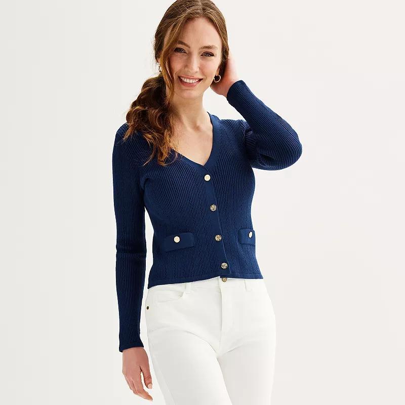 Womens Draper James Ribbed Long Sleeve V-Neck Button Down Cardigan Blue Product Image