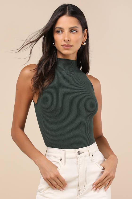 Seasonal Sophistication Green Ribbed Mock Neck Sweater Tank Top Product Image