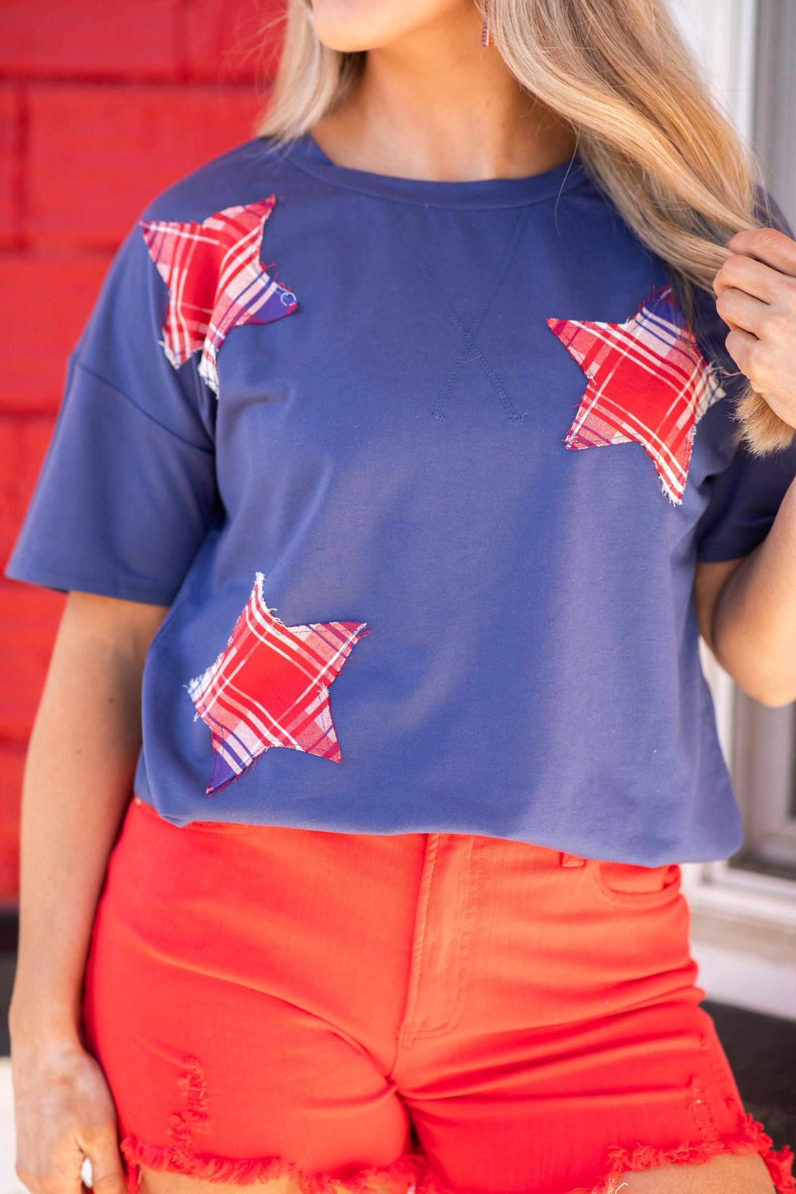 Slate Blue Star Patch Short Sleeve Knit Top Product Image