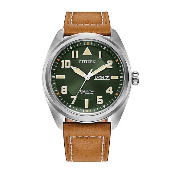 Men's Citizen Eco-DriveÂ® Avion Super Titaniumâ¢ Leather Strap Watch with Green Dial (Model: Bm8560-02X) Product Image