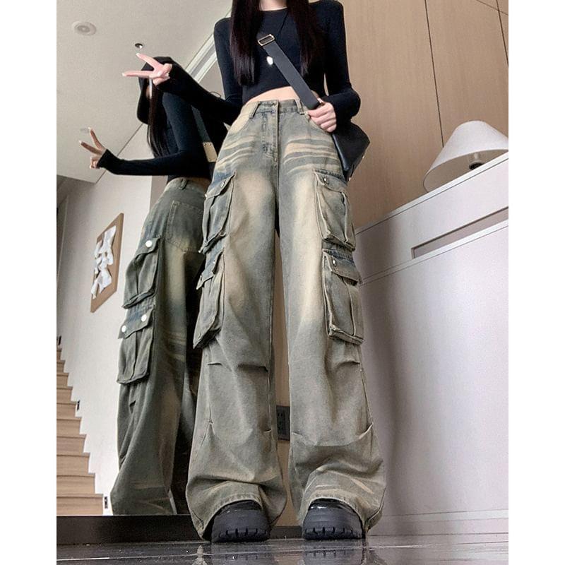 High Rise Washed Wide Leg Cargo Jeans Product Image