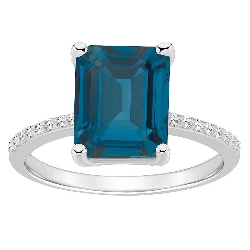 Alyson Layne Sterling Silver 10 mm x 8 mm Emerald Cut Gemstone & 1/10 Carat T.W. Diamond Ring, Womens, London Blue Topaz Product Image