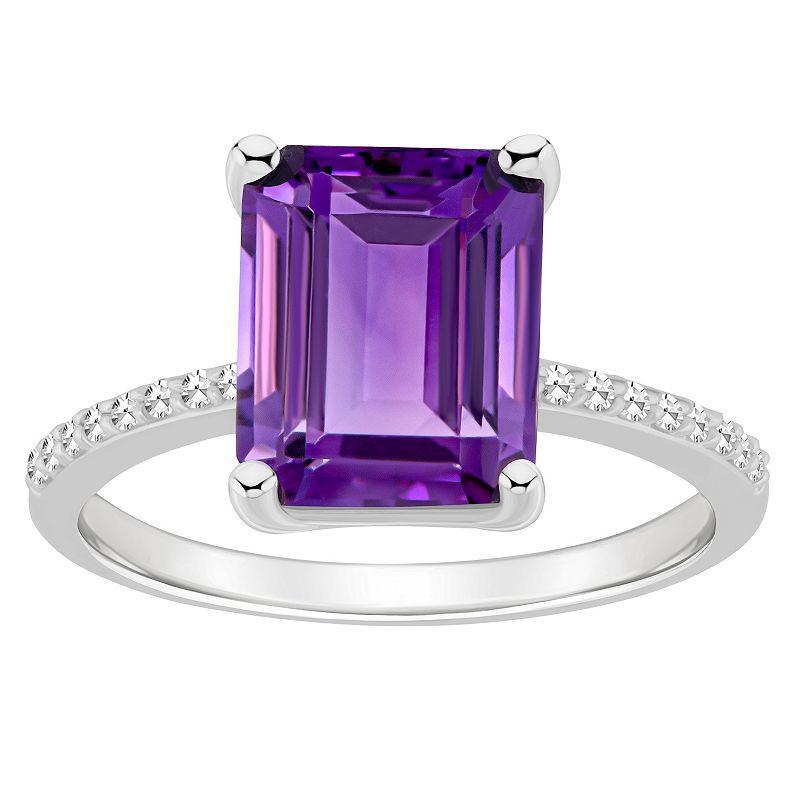 Alyson Layne Sterling Silver 10 mm x 8 mm Emerald Cut Gemstone & 1/10 Carat T.W. Diamond Ring, Womens Purple Product Image