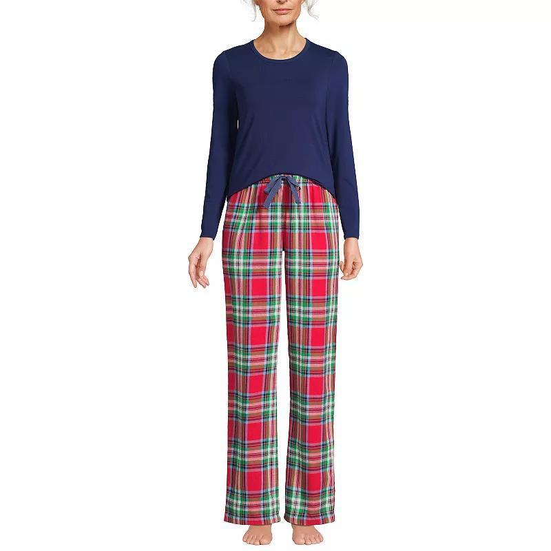 Petite Lands End Knit Long Sleeve Pajama Top and Pajama Flannel Pants Sleep Set, Womens Product Image