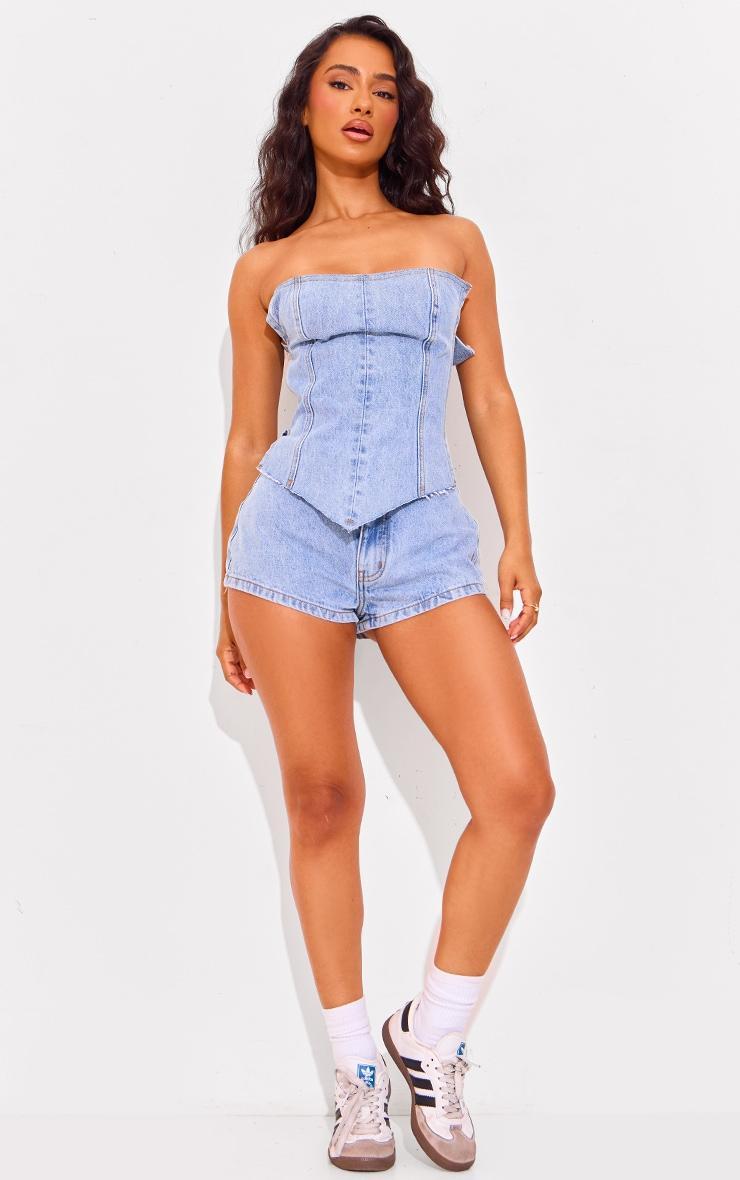 Petite Light Blue Wash Side Cut Out Bandeau Denim Top Product Image