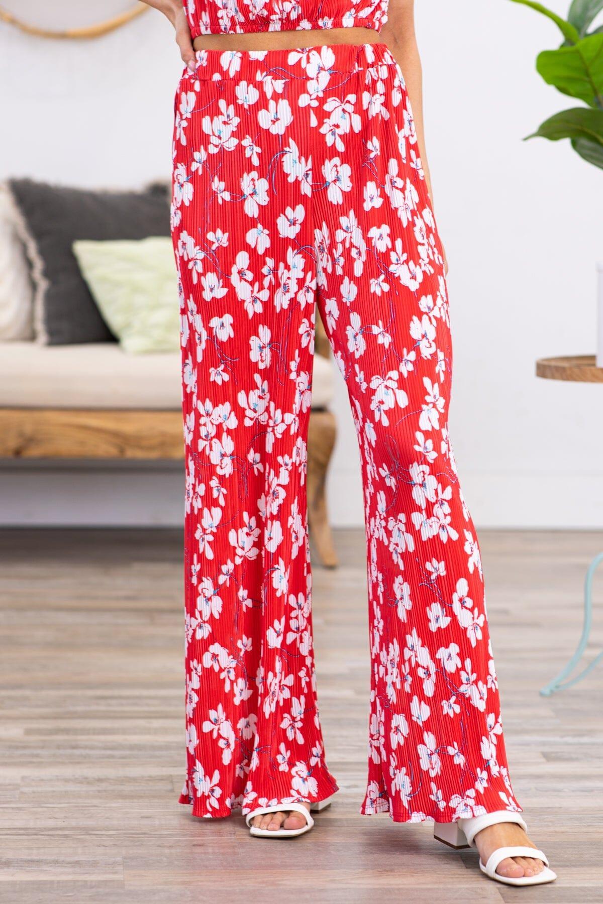 Red Crystal Pleat Floral Print Wide Leg Pants Product Image