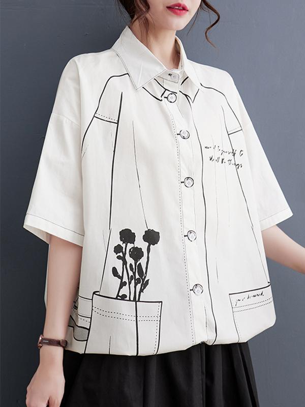 Loose Short Sleeves Contrast Color Printed Split-Joint Lapel Blouses product image