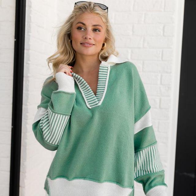 Think About It Green and Ivory Collared Oversized Sweater Product Image