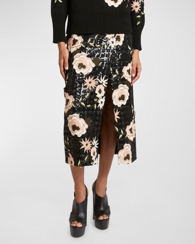 Floral Embroidered Paillette Tweed Midi Wrap Skirt Product Image