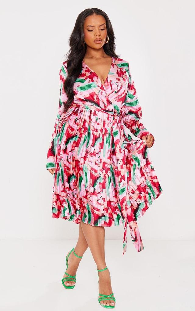 Plus Pink Floral Print Long Sleeve Pleated Midi Dress Product Image