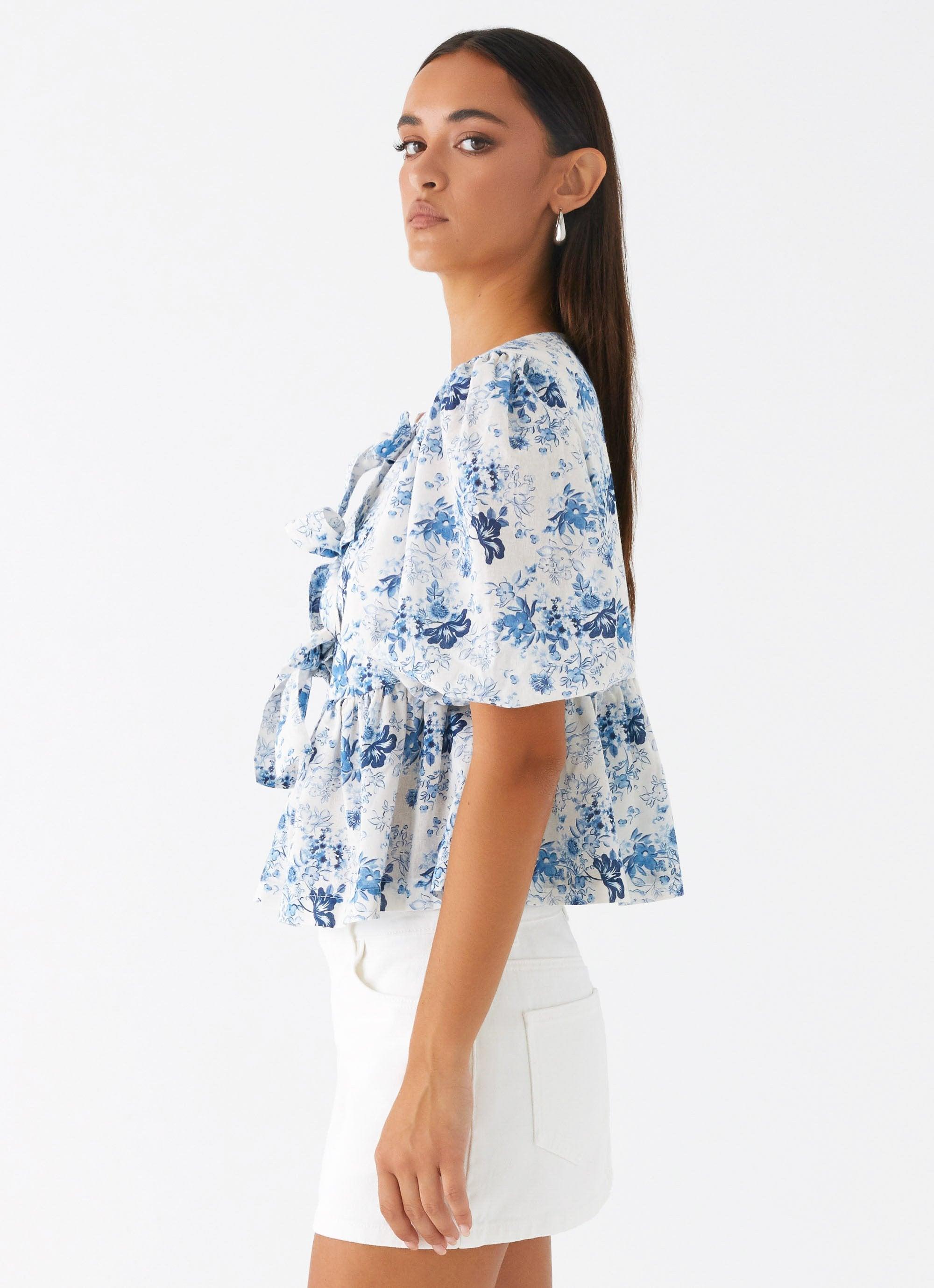 Western Wind Tie Top - Serene Sky Floral Product Image