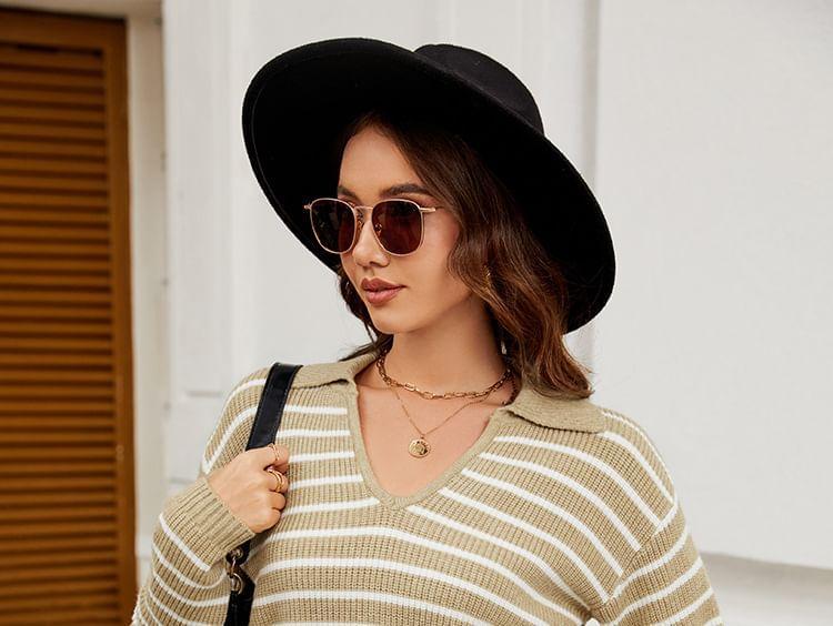 Long-Sleeve V-Neck Striped Knit Polo Top Product Image