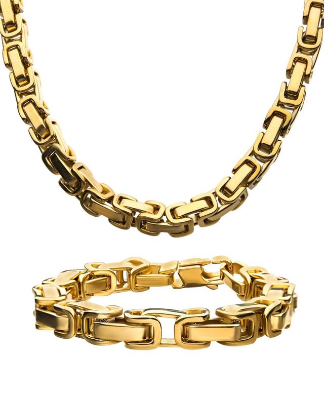 Mens Stainless Steel Byzantine Chain Necklace & Bracelet Set, Gold Product Image