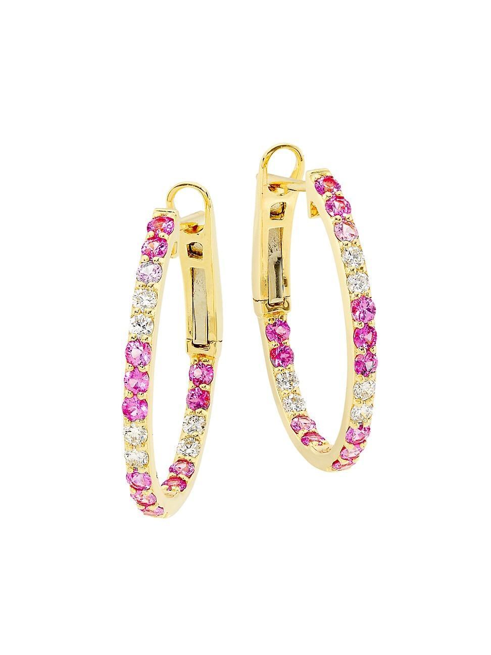 Womens 14K Yellow Gold, Pink Sapphire & 0.3 TCW Diamond Small Oval Hoop Earrings Product Image