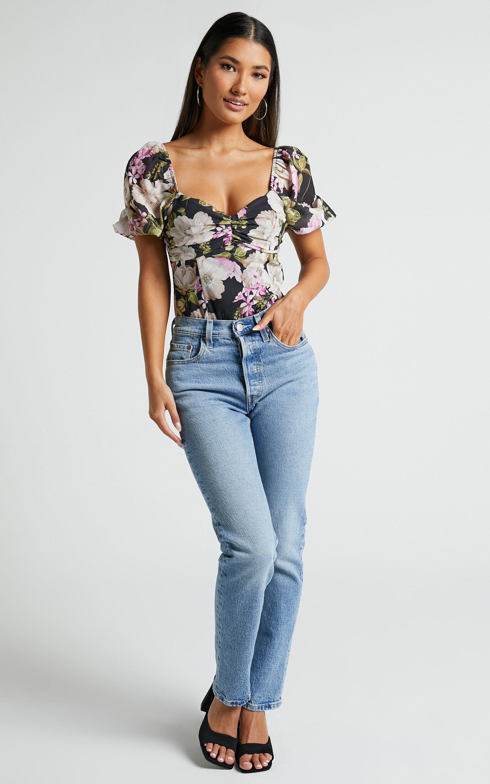 Alex Bodysuit - Short Puff Sleeve Bodysuit in Midnight Floral Product Image