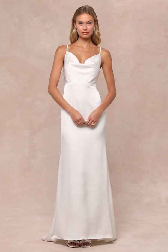 Pristine Romance White Satin Cowl Neck Mermaid Maxi Dress Product Image