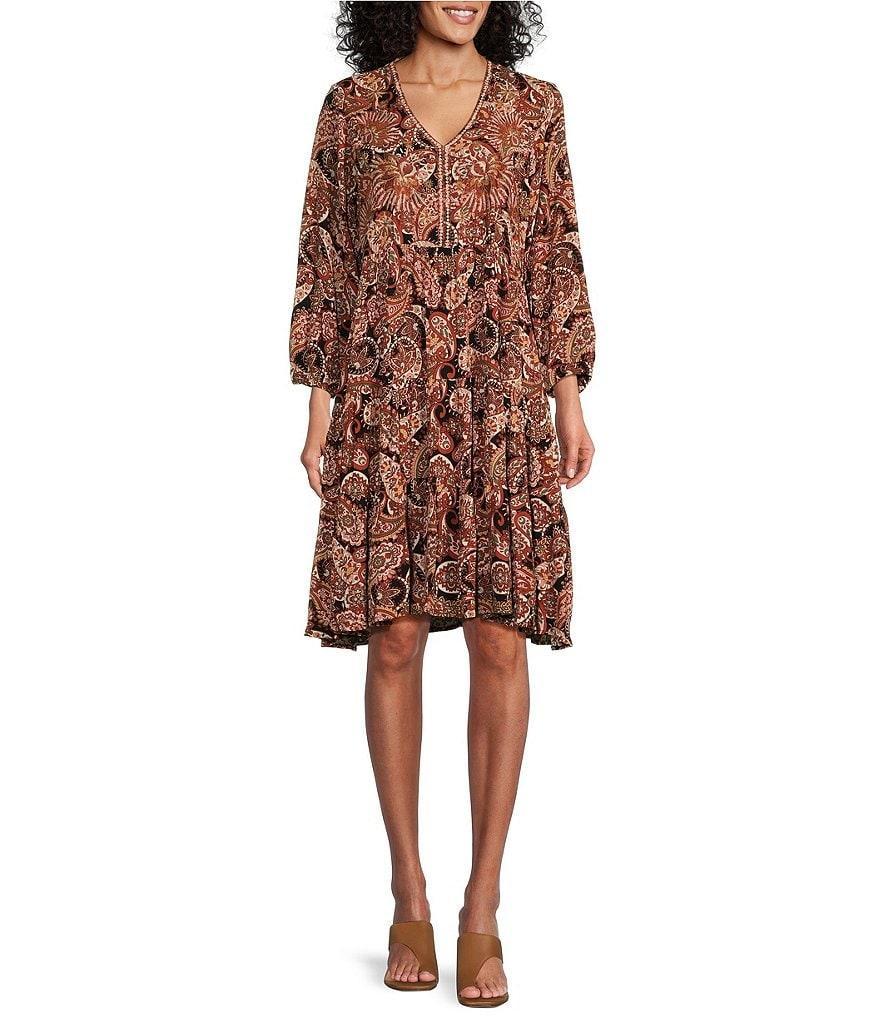 Nurture by Westbound Petite Size Spice Paisley Print Embroidered 3/4 Sleeve Tiered Dress Product Image