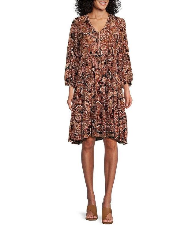 Nurture by Westbound Petite Size Spice Paisley Print Embroidered 3/4 Sleeve Tiered Dress Product Image