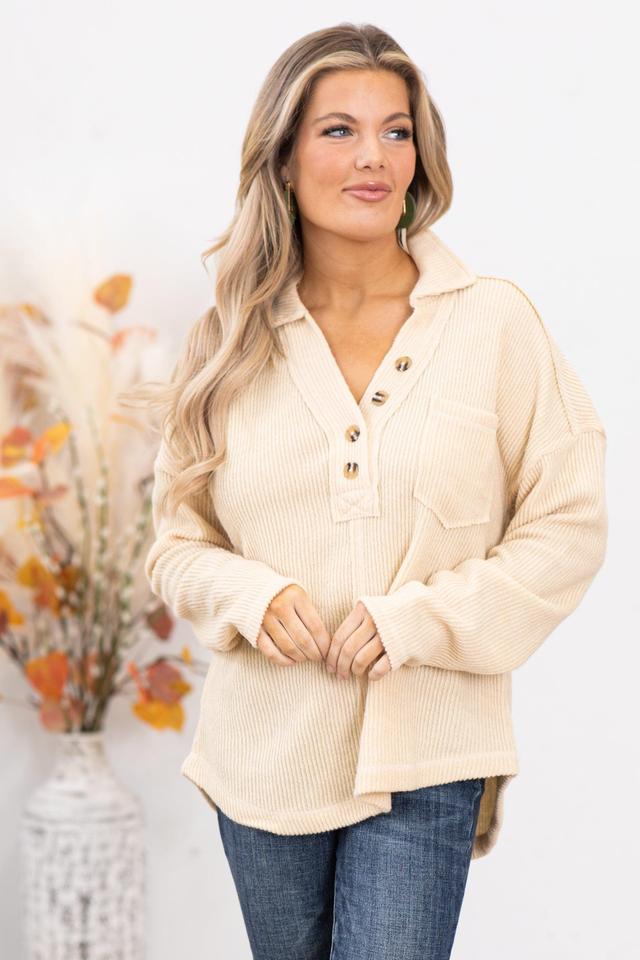 Beige Rib Knit Top With Collar Product Image