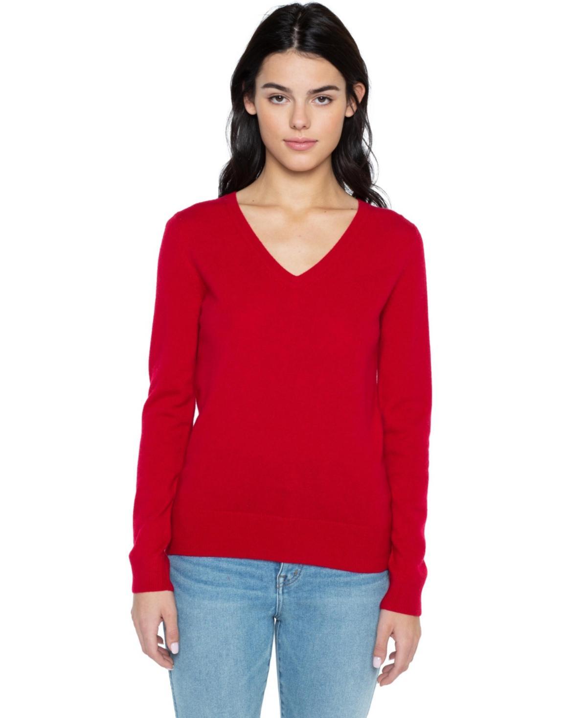 JENNIE LIU Women's 100% Pure Cashmere Long Sleeve Pullover V Neck Sweater (8160, Red, X-Large ) Product Image