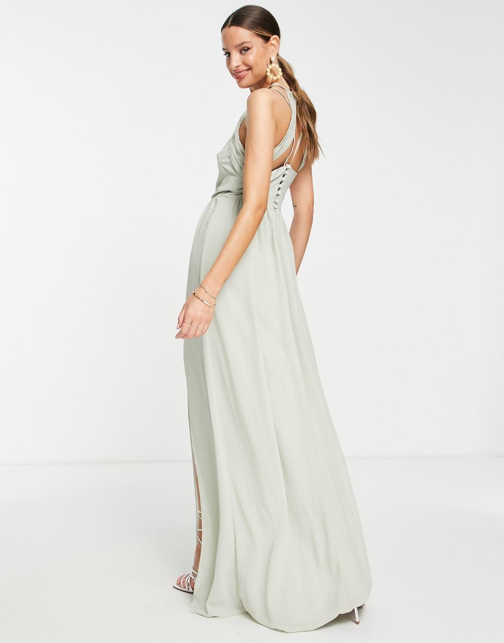 TFNC Tall Bridesmaid strappy back halter neck dress in sage green Product Image