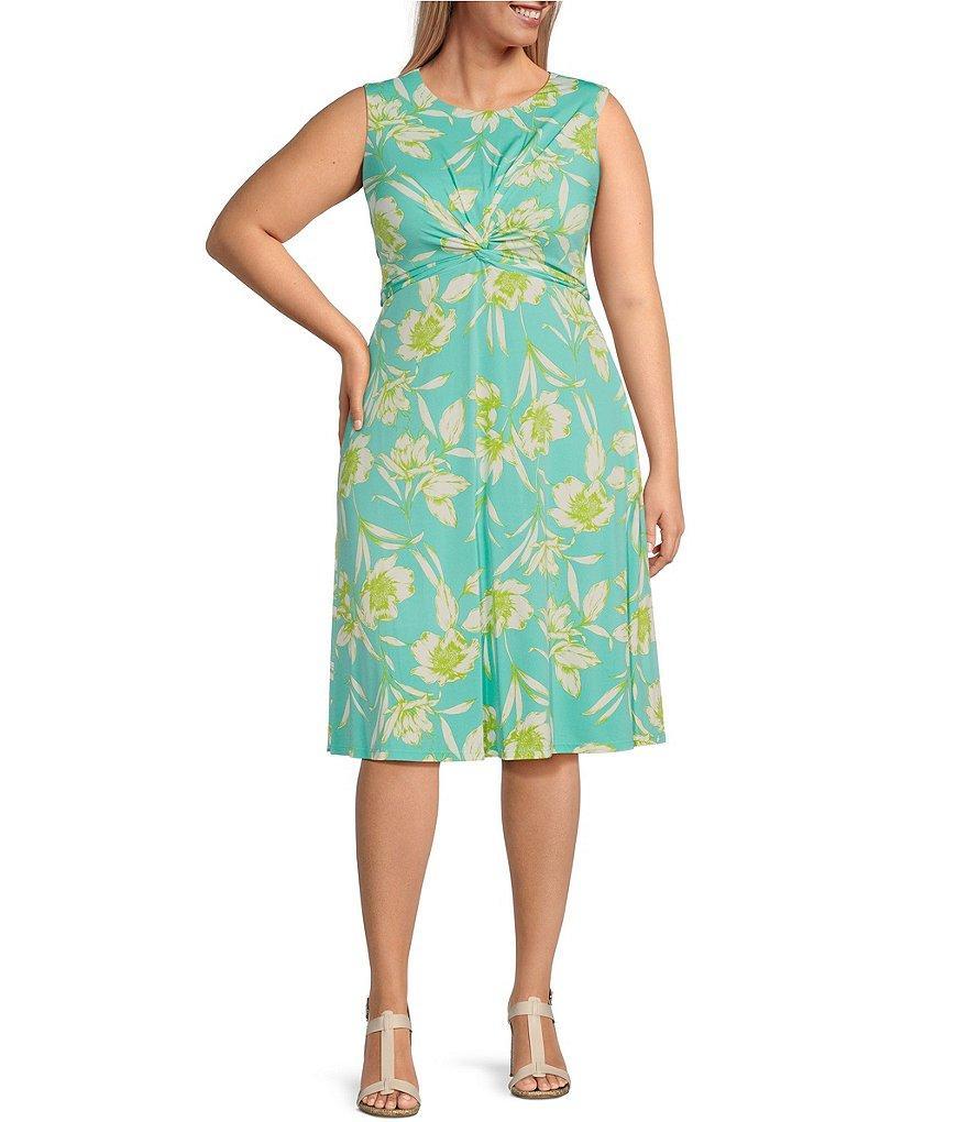 Jessica Howard Plus Size Sleeveless Crew Neck Front Twist Floral A-Line Dress Product Image