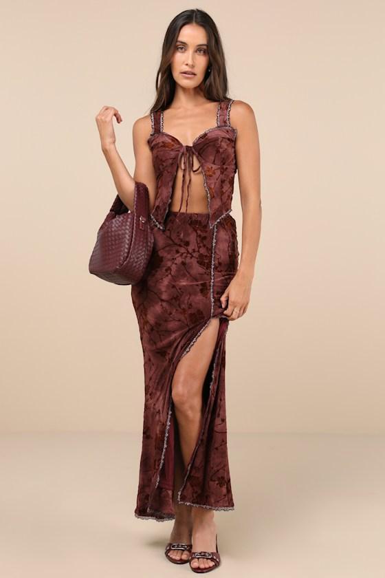 Devore Dark Pink Mesh Velvet Floral Lace Maxi Skirt Product Image