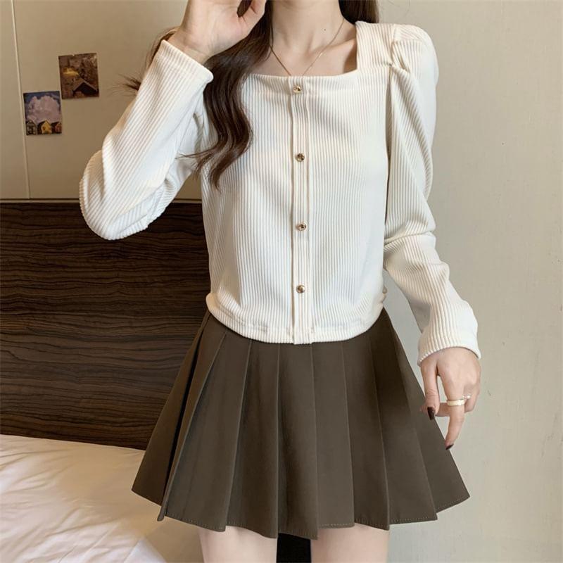 Long-Sleeve Square Neck Button-Up Plain Knit Top Product Image