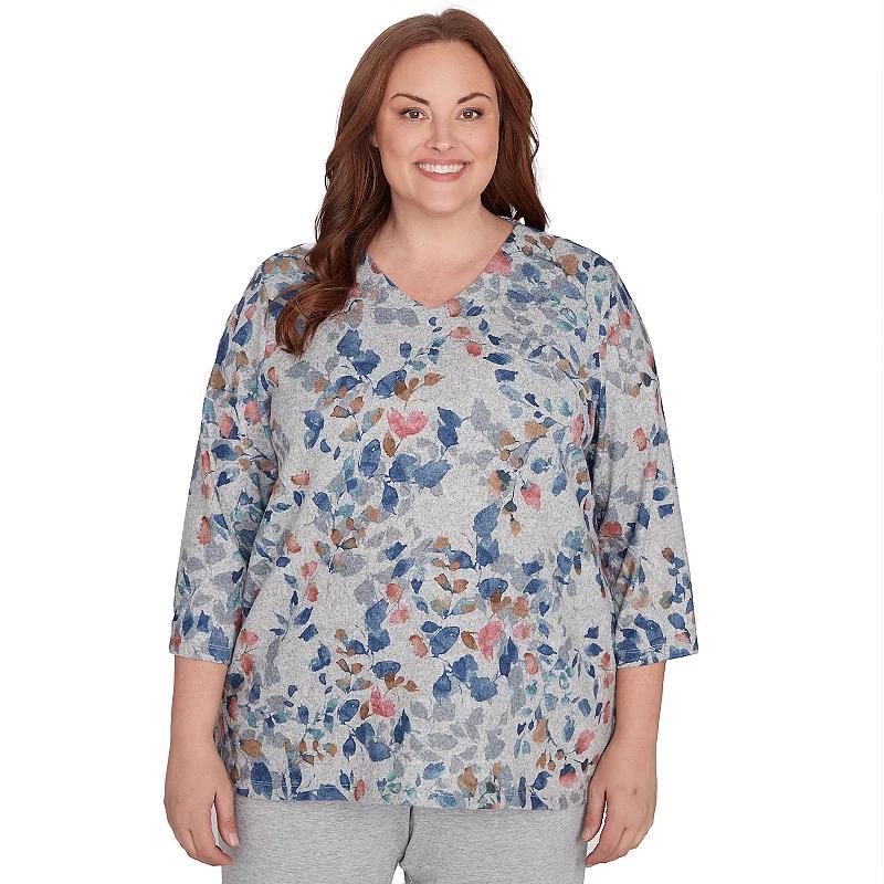 Plus Size Alfred Dunner Watercolor Leaves V-Neck Top, Womens Product Image