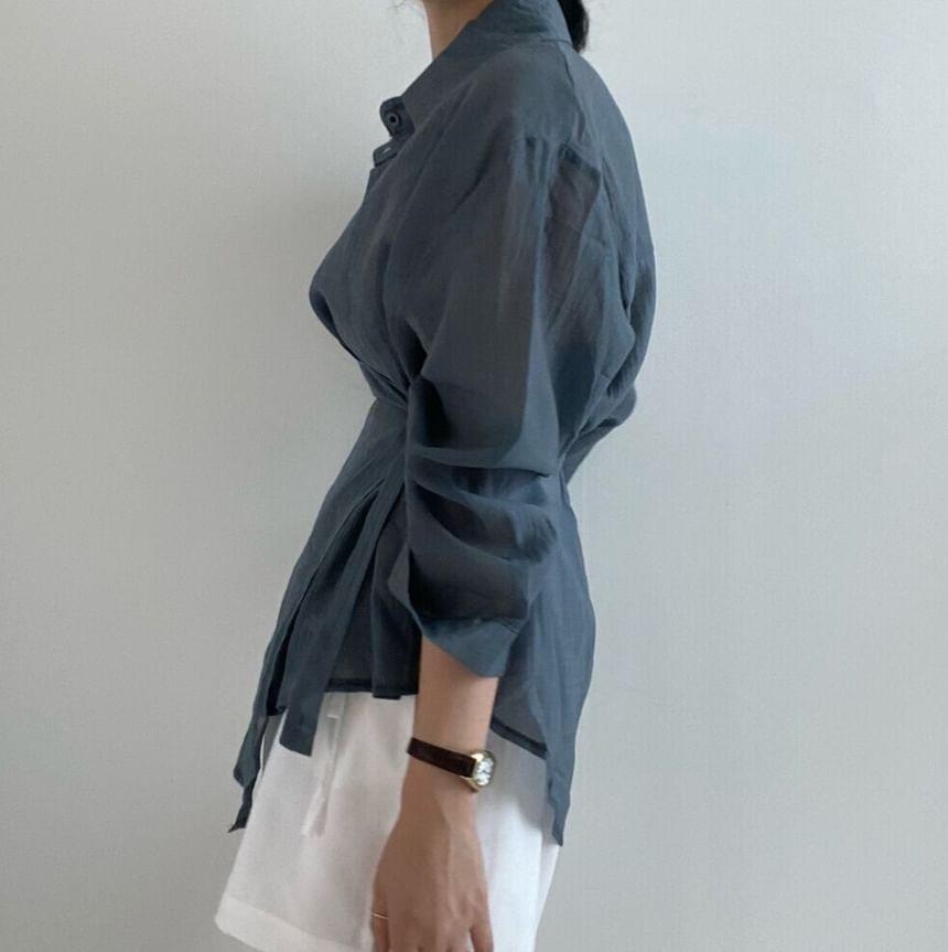 Long Sleeve Collared Plain Slit Wrap Shirt Product Image