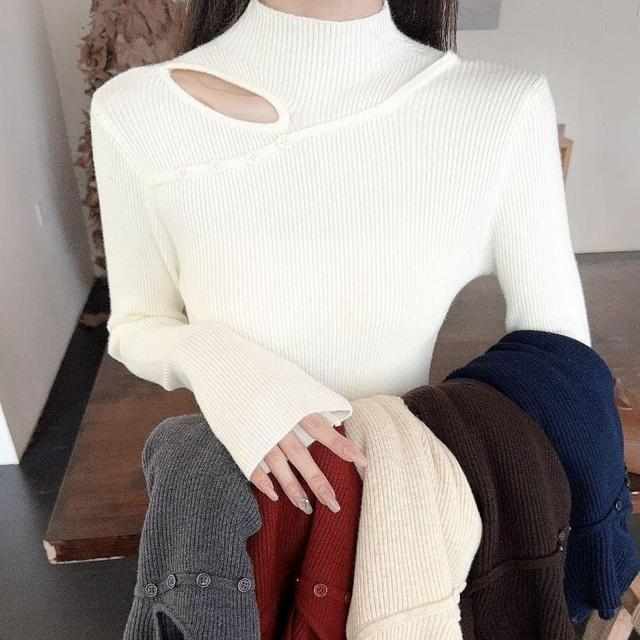 Long Sleeve Mock Neck Plain Cutout Ribbed Knit Top Product Image