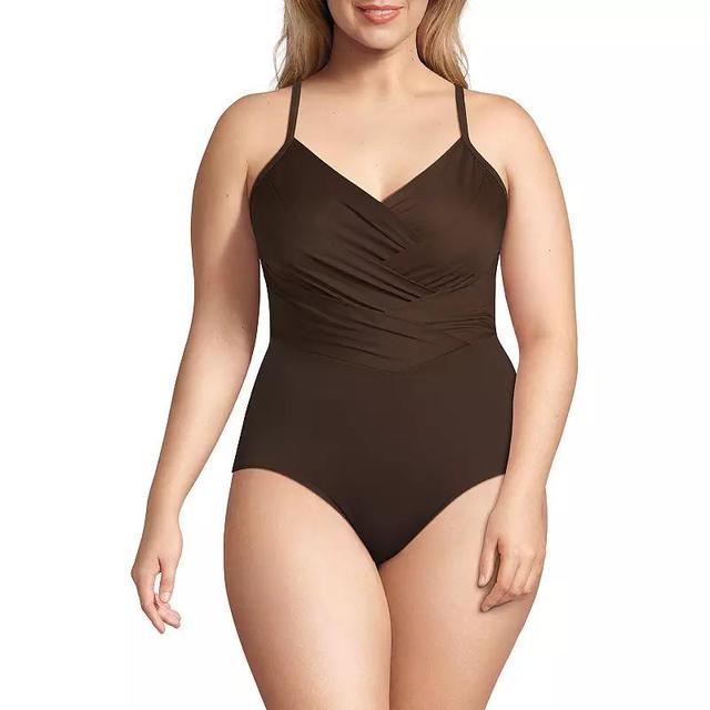 Plus Size Lands End Slender Suit Pleated X-Back One-Piece Swimsuit, Womens Product Image