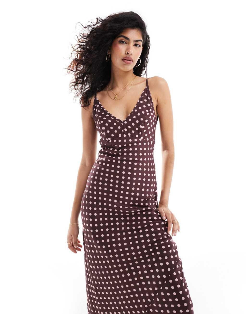 ASOS DESIGN high apex spun midi dress in brown and pink spot Product Image