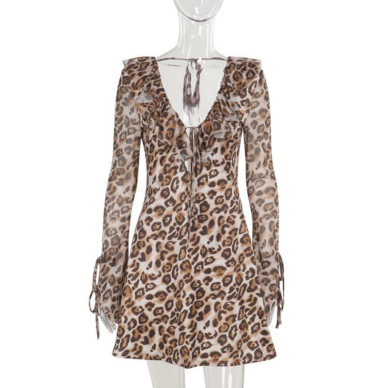 Long-Sleeve V-Neck Plunge Leopard Print Ruffle Trim Open Back Mini Bodycon Dress Product Image