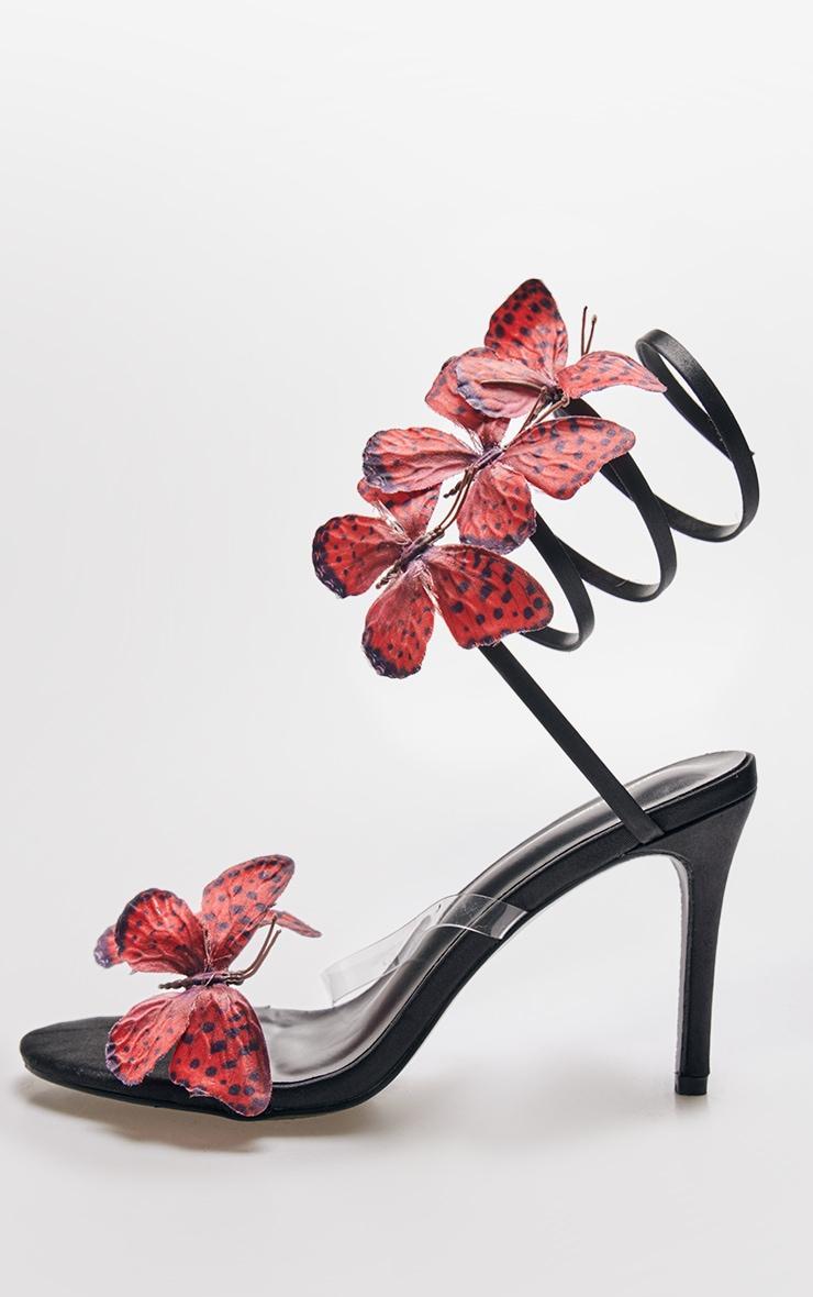 Black Satin Round Toe Butterfly Spiral Strap High Heeled Sandals Product Image