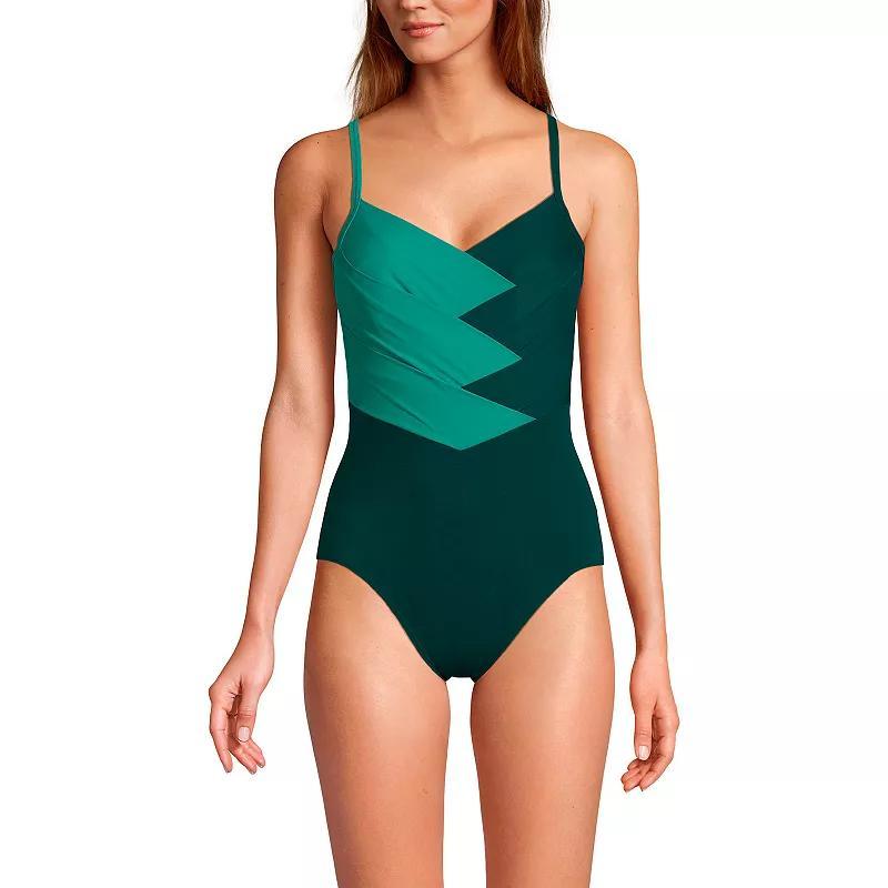 Womens Lands End Slendertex V-Neck Pleated Crossback One-Piece Swimsuit Product Image