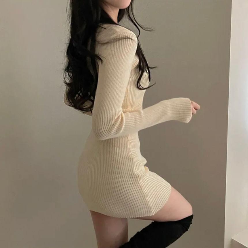 Long-Sleeve V-Neck Plain Ribbed Knit Mini Sheath Dress Product Image