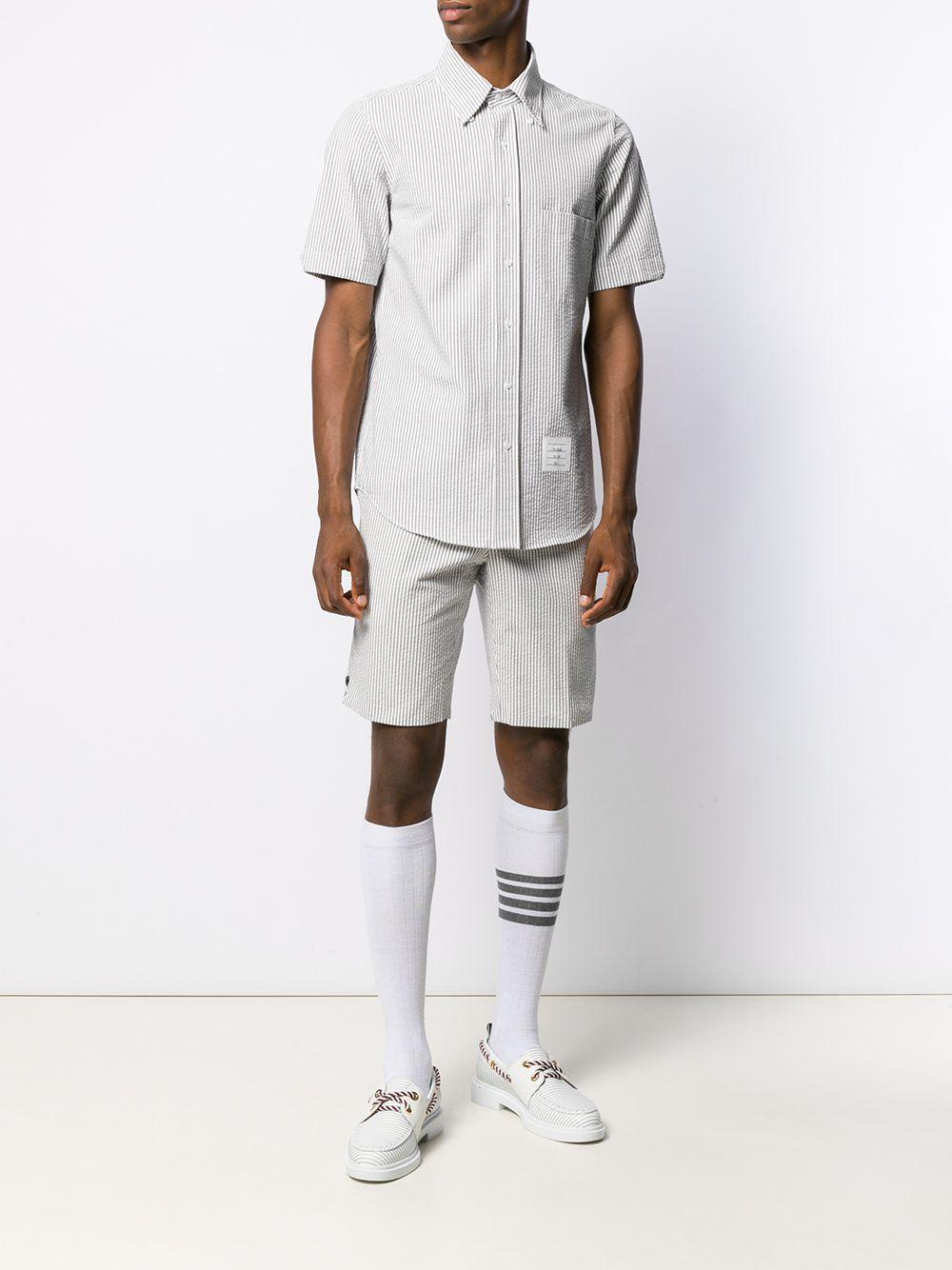 THOM BROWNE Striped Short-sleeved Seersucker Shirt In Grey Product Image