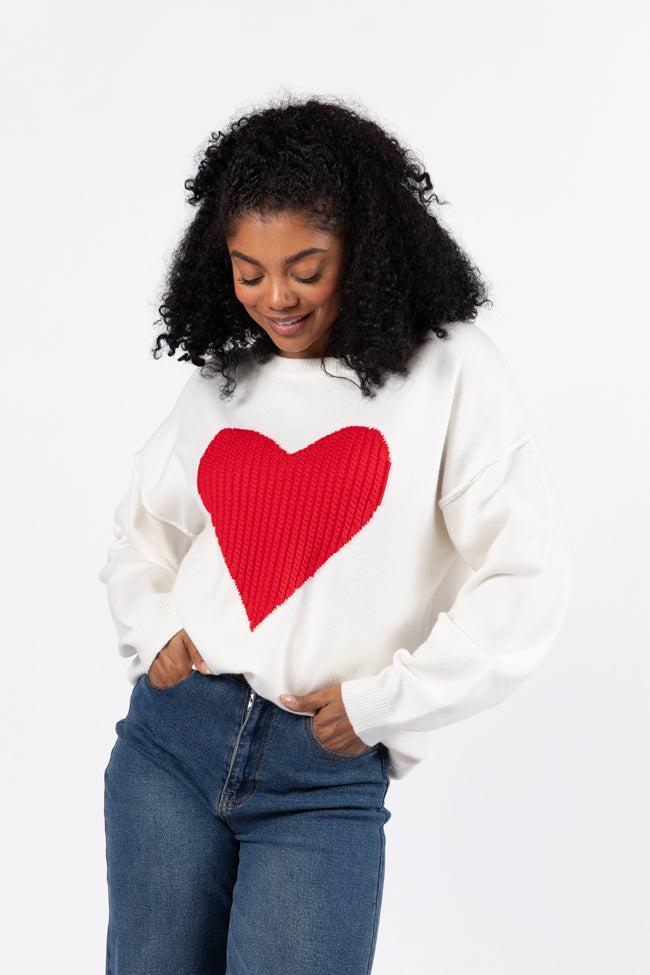 In My Heart Ivory and Red Cable Knit Heart Sweater Product Image